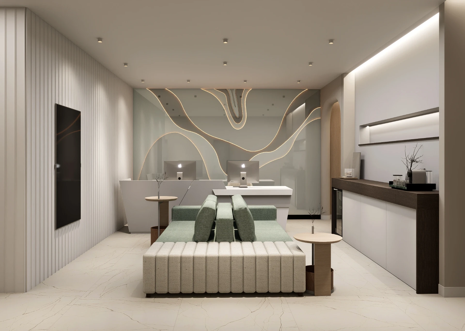 Recepção de clínica com dois atendimentos, sofás em verde sálvia e beige, painéis ripados e obra de vidro iluminada