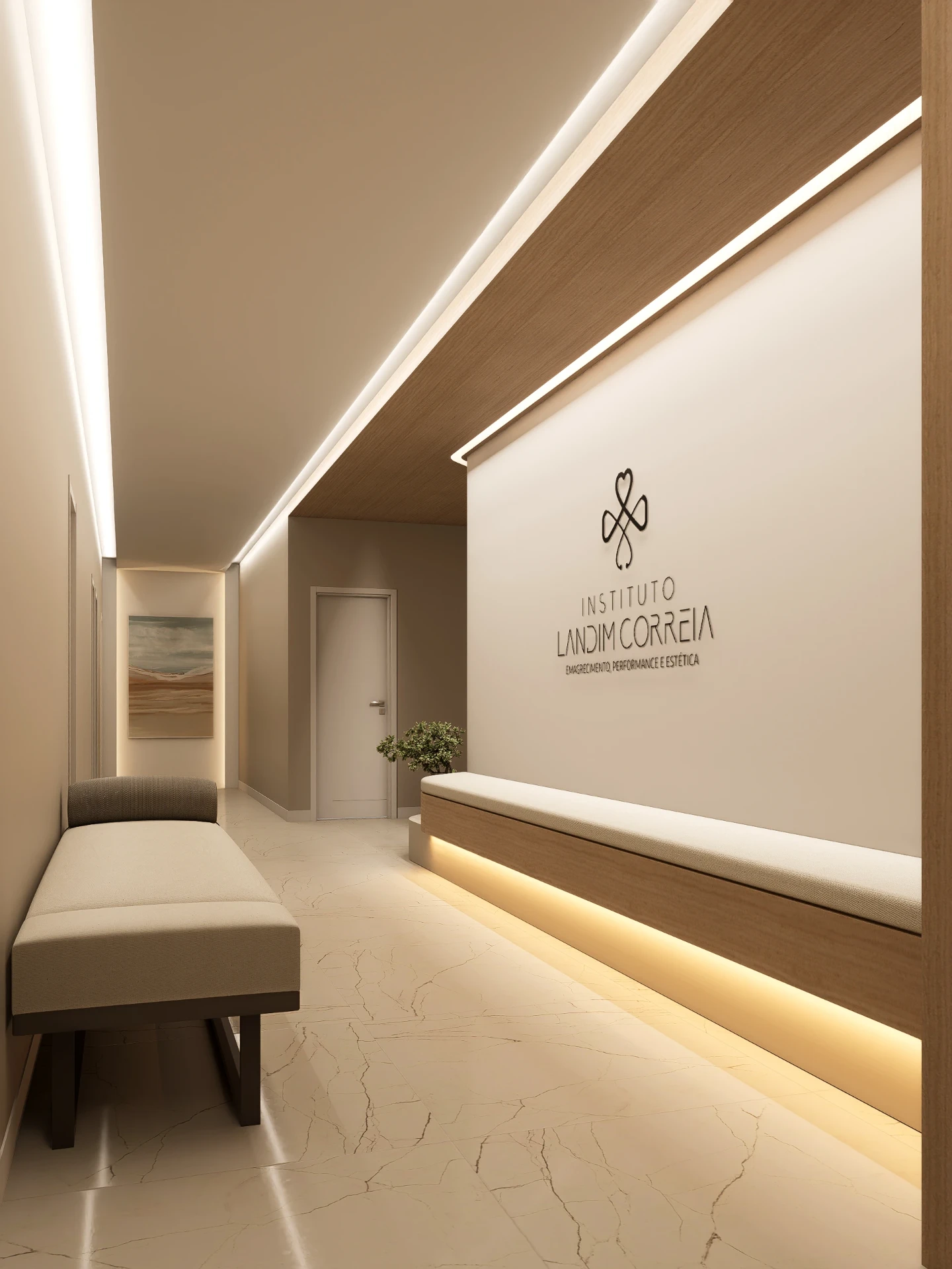 Circulação de clínica com banco embutido em madeira clara, iluminação indireta e piso claro